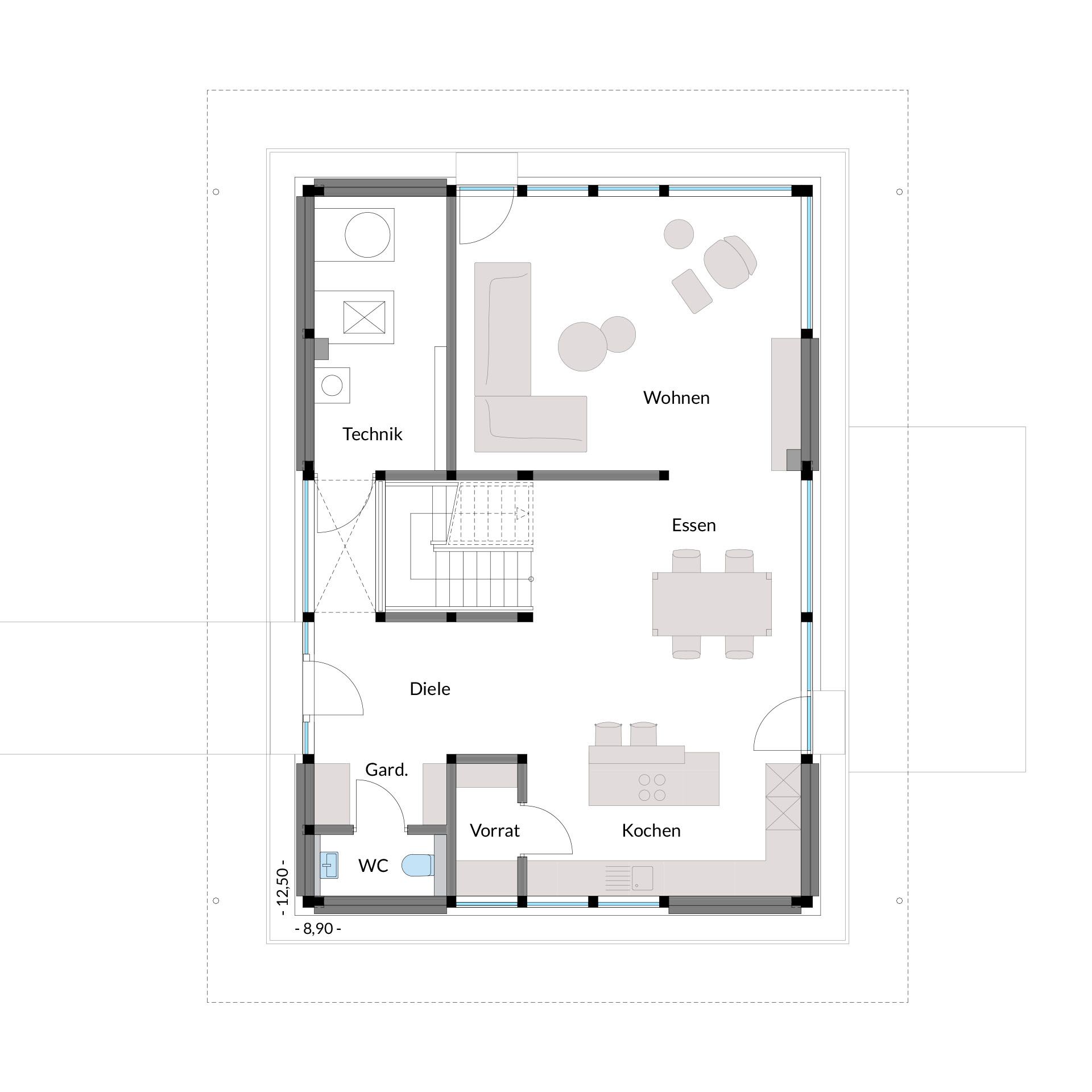 Grundriss eines Wohnhauses Architektonischer Plan mit Zimmern wie Wohnen, Essen und Küche