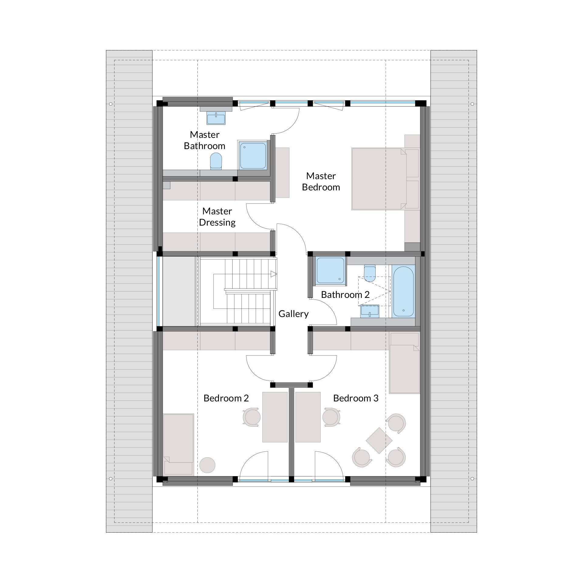 House Floor Plan with Multiple Bedrooms and Bathrooms Detailed layout of a house featuring bedrooms, bathrooms, and a gallery