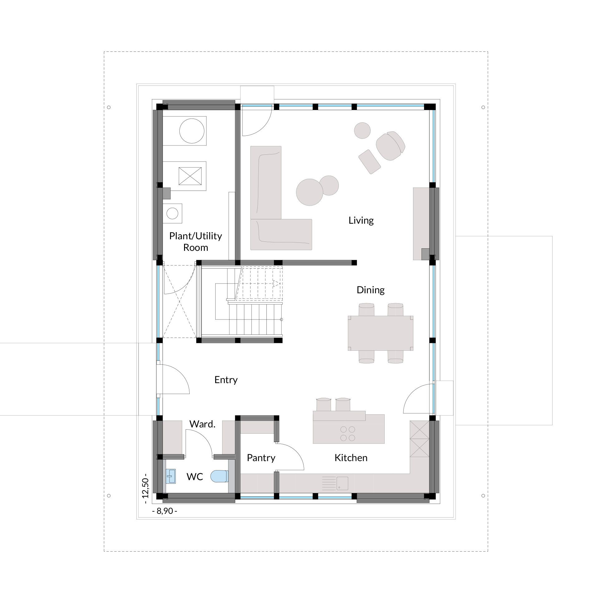 Grundriss eines Wohnhauses Detailierter Grundriss mit Wohn-, Ess- und Küchenbereichen