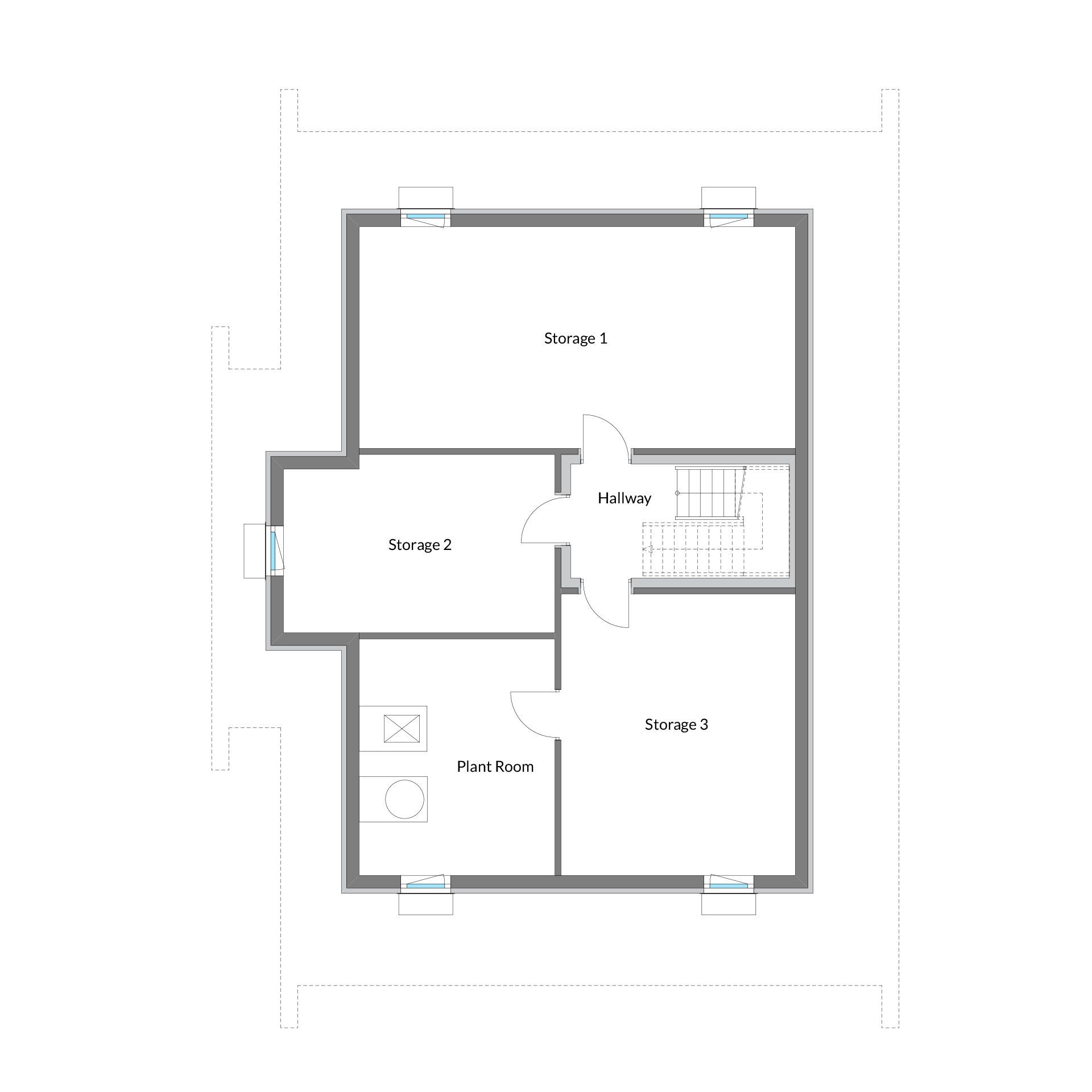 Grundriss mit Lagerräumen und Treppe Detailierter Grundriss zeigt Lagerräume, Flur und Technikraum