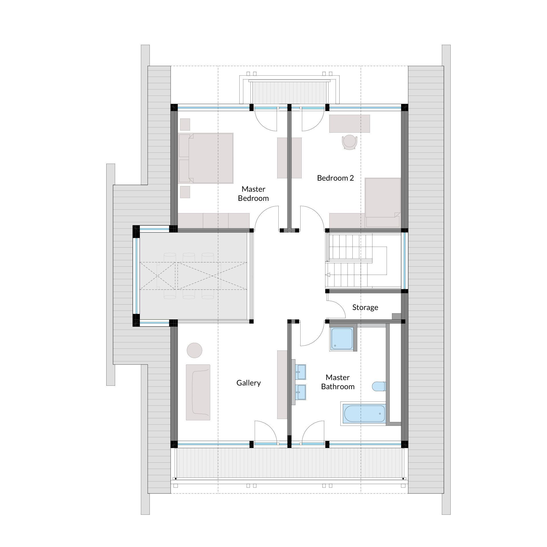Wohnungsgrundriss mit drei Schlafzimmern Grundriss mit Master-Schlafzimmer, zwei weiteren Zimmern und Badezimmer