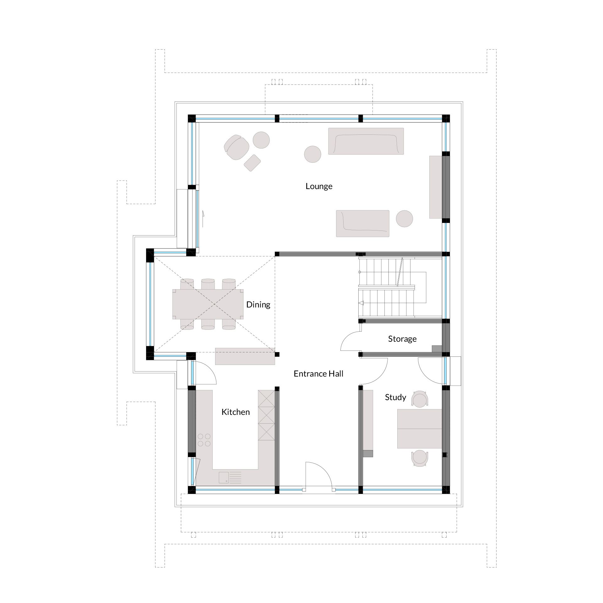 Floor Plan of a House with Lounge and Dining Area Layout showing rooms including Kitchen, Study, and Storage
