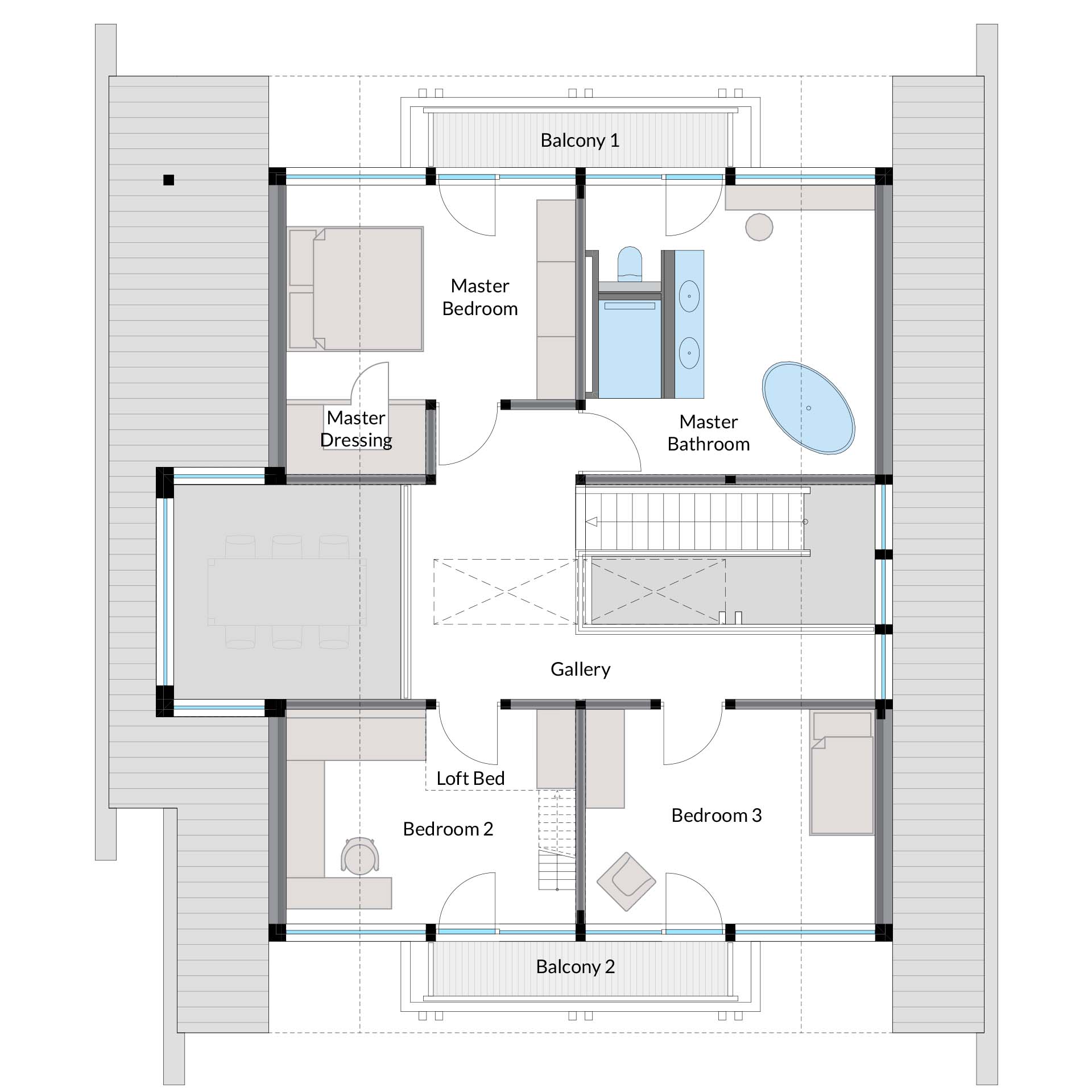Floor Plan of a Modern House with Balconies Detailed layout including bedrooms, bathrooms, and a gallery