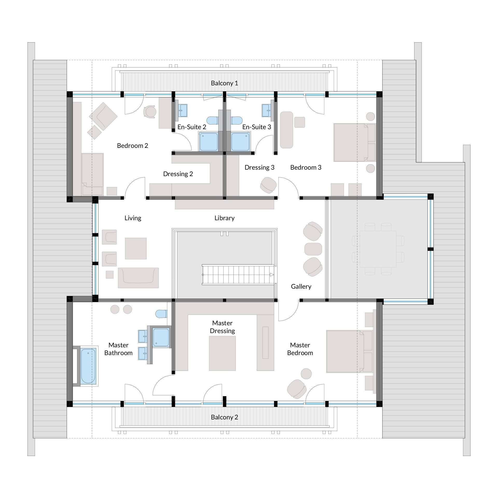 Hausgrundriss mit Schlafzimmern und Wohnbereichen Detailierter Grundriss eines modernen Hauses mit Schlafzimmern und Gemeinschaftsräumen