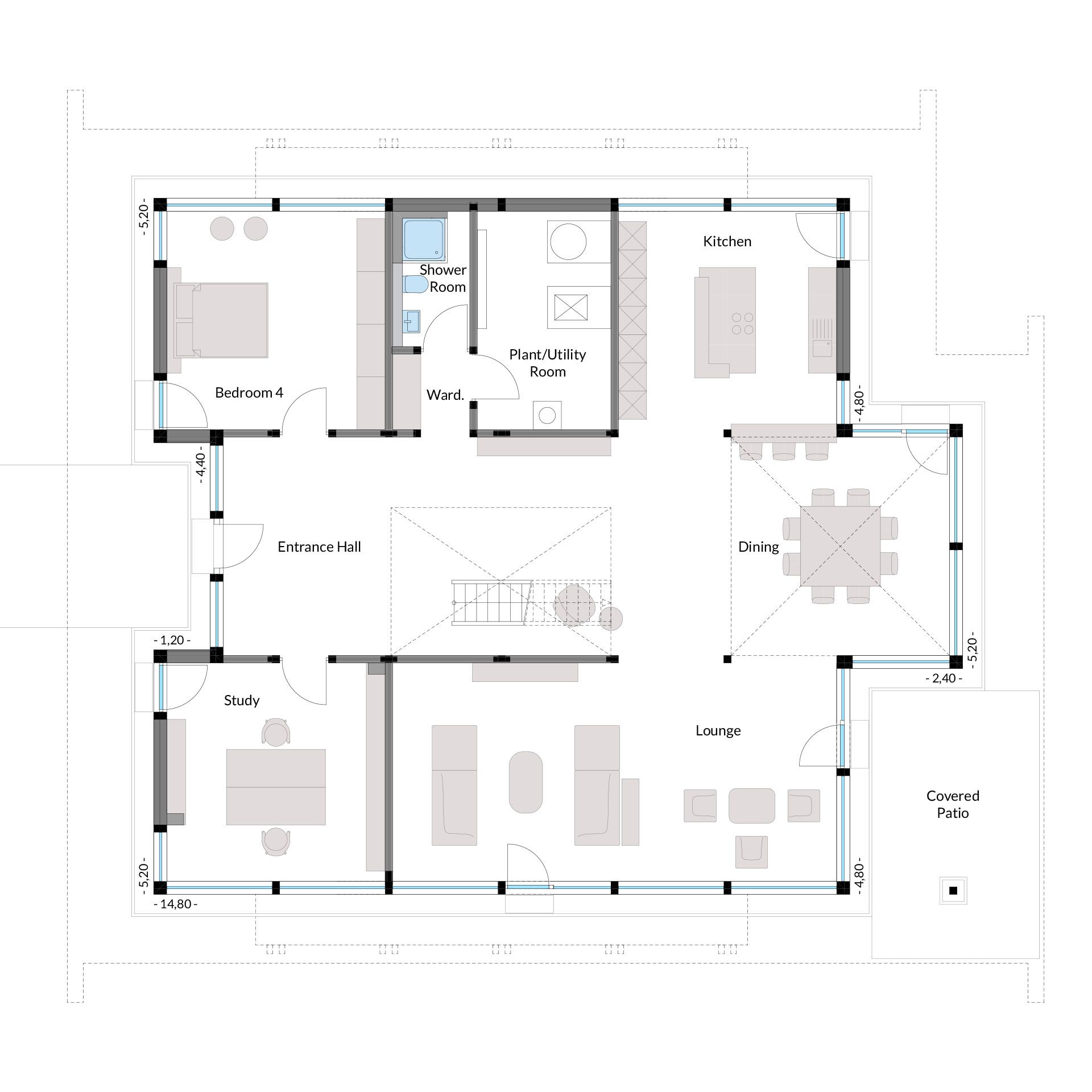 Haus Grundriss mit verschiedenen Räumen Detaillierter Grundriss eines Hauses mit mehreren Wohnbereichen und Zimmern