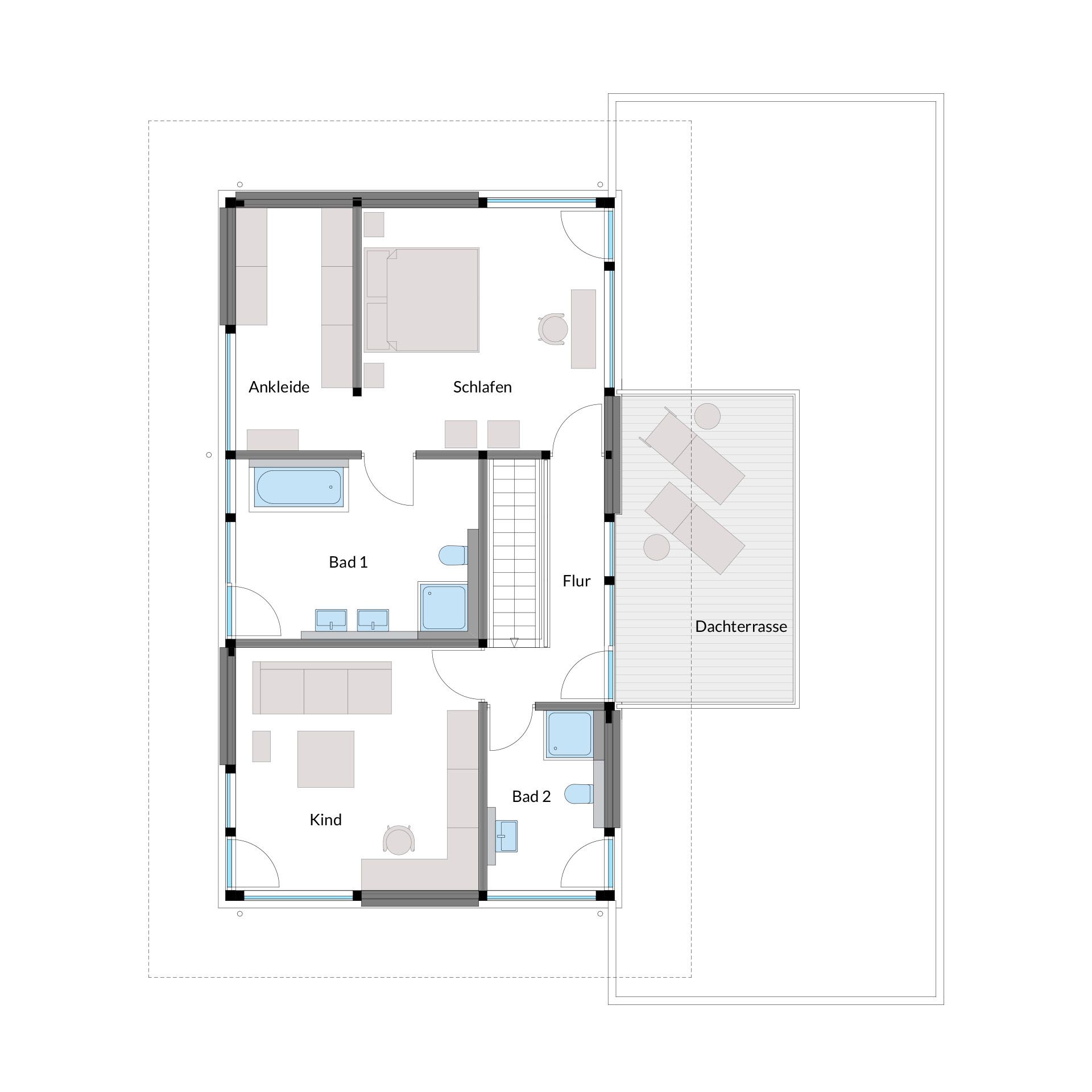 Detailierter Grundriss mit Ankleide, Schlafzimmer und zwei Bädern