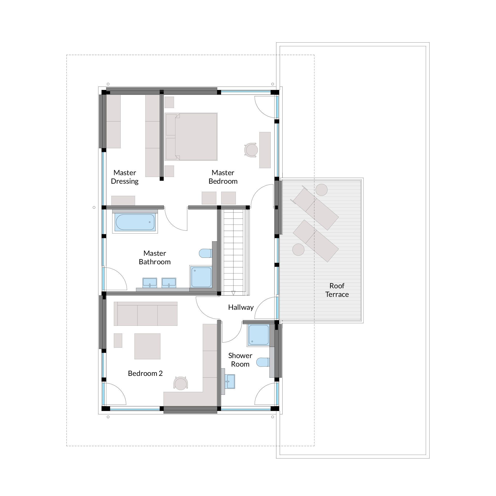Grundriss eines Hauses mit Schlafzimmern und Terrasse Hausgrundriss mit Master-Schlafzimmer, Badezimmer und Dachterrasse