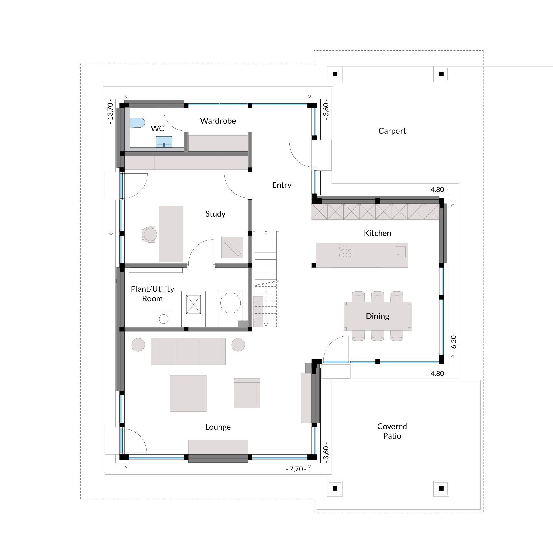 Haus Grundriss mit Zimmeraufteilung und Carport Detailierter Grundriss mit Lounge, Küche, Essbereich und mehr