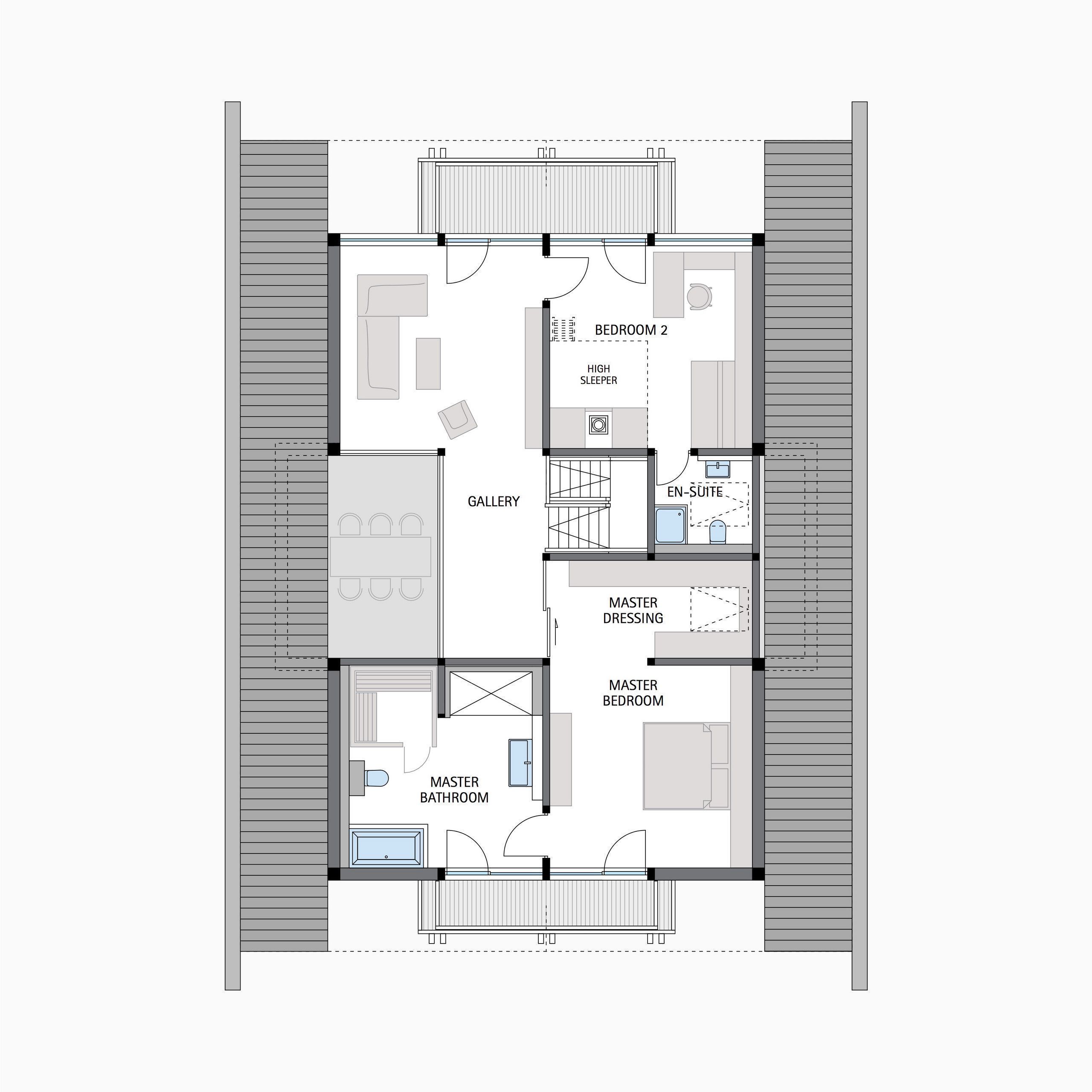 Hausgrundriss mit Schlafzimmern und Galerie Grundriss eines Hauses mit verschiedenen Schlafzimmern und Badezimmern