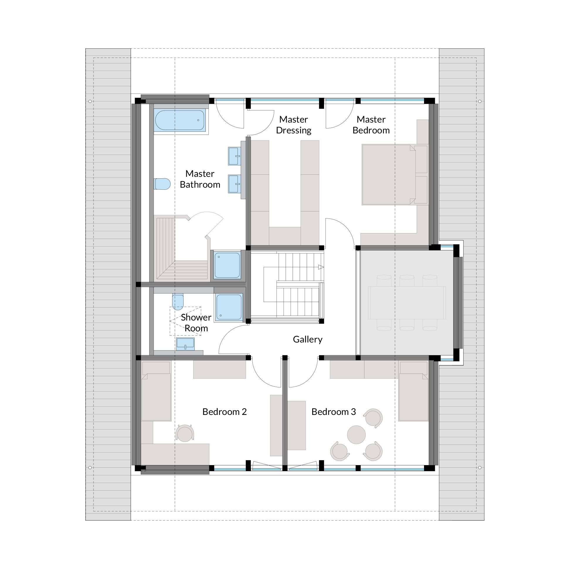 Hausgrundriss mit Schlafzimmer und Badezimmer Detaillierter Grundriss eines Hauses mit mehreren Schlafzimmern und Badezimmern