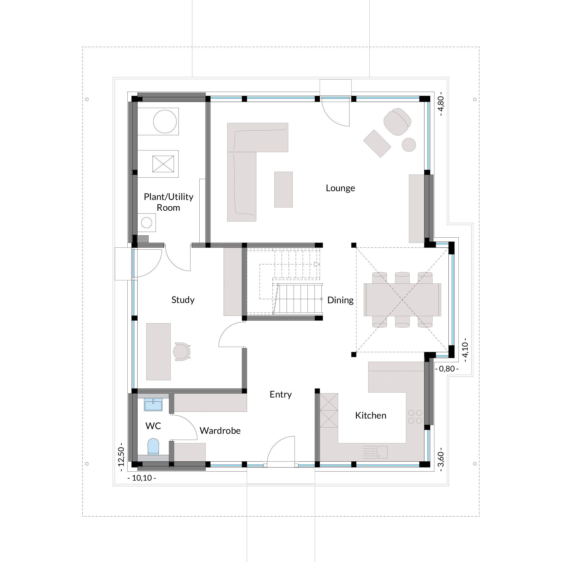 Grundriss eines modernen Wohnhauses Raumaufteilung mit Lounge, Küche, Esszimmer und Arbeitszimmer