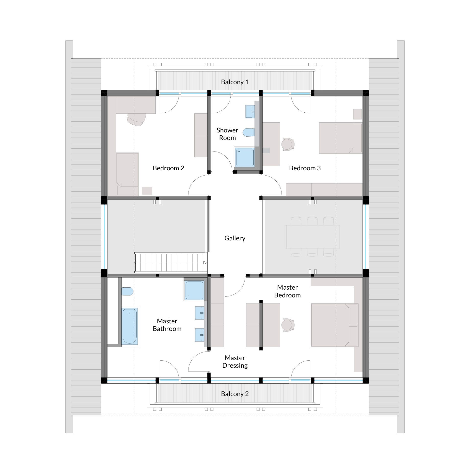 Hausgrundriss mit Schlafzimmern und Balkonen Detaillierter Grundriss mit Master-Schlafzimmer und Bädern