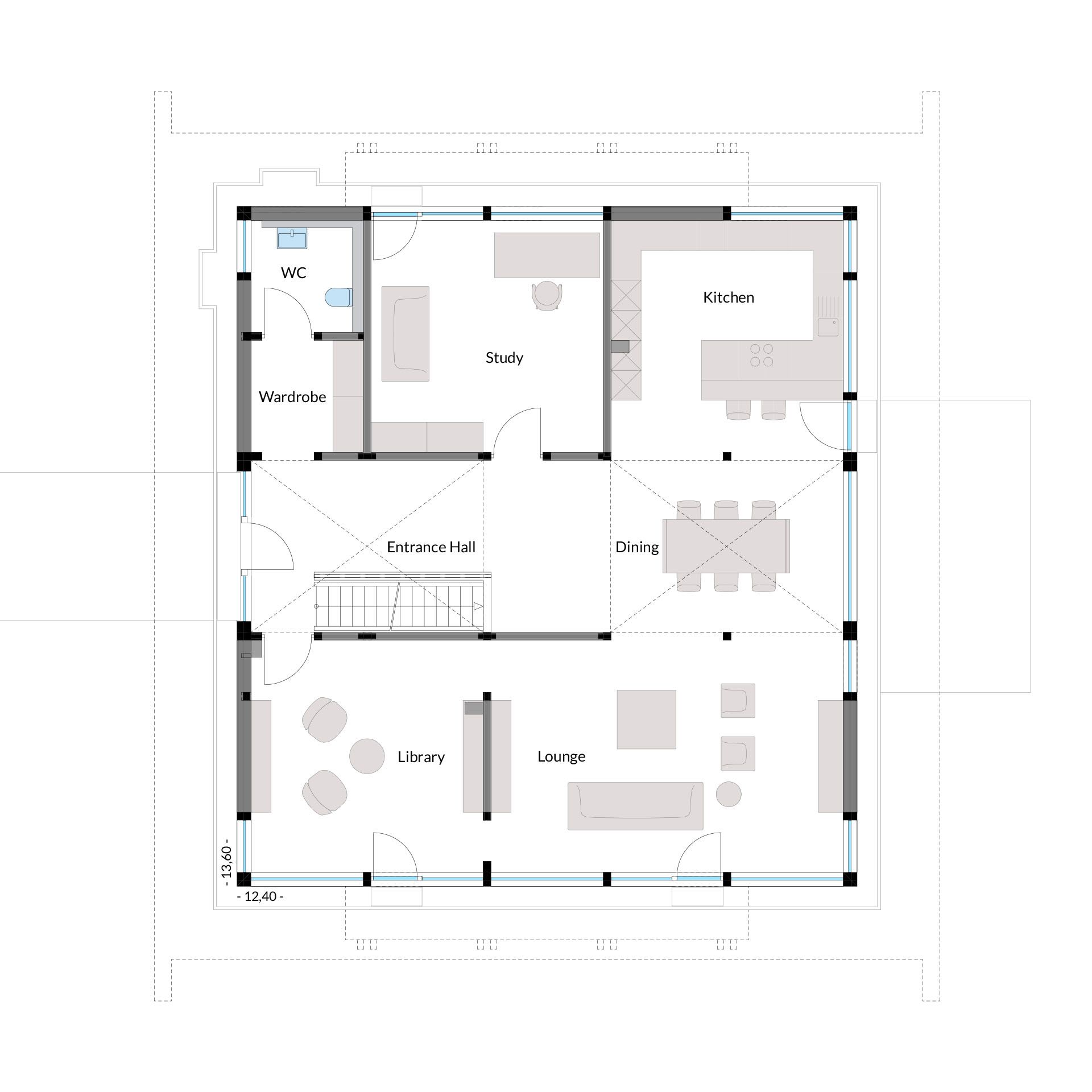 Grundriss eines Einfamilienhauses Detailierter Grundriss mit Räumen wie Küche, Esszimmer und Bibliothek