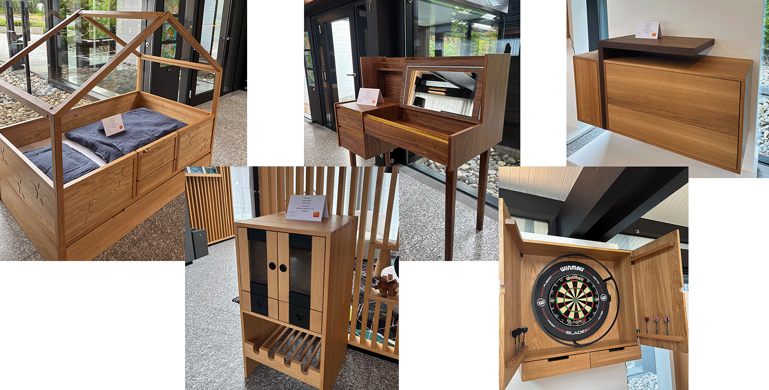 Moderne Möbelstücke aus Holz für Innenräume Eine Auswahl an handgefertigten Holzmöbeln, darunter ein Bett und ein Dartboard