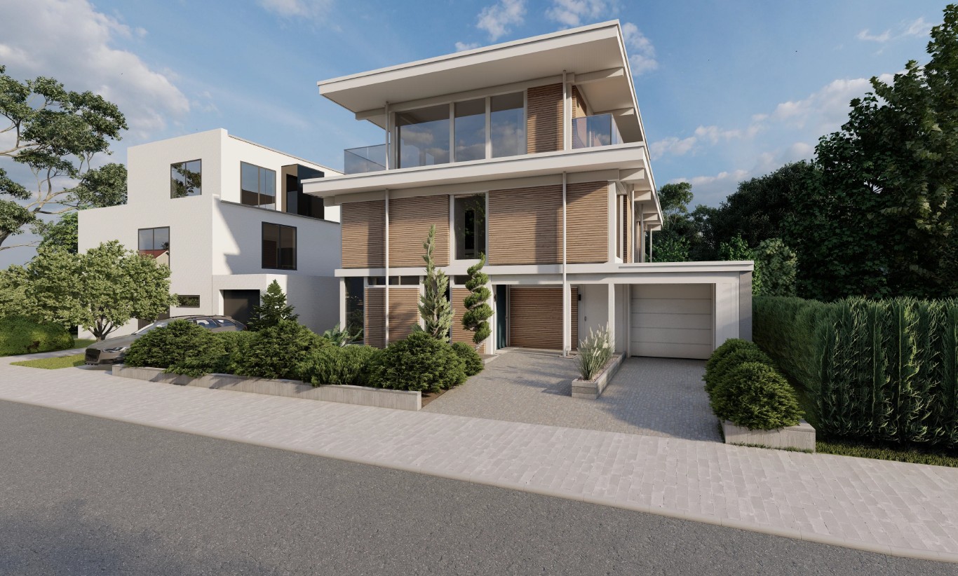 Helles Wohnhaus mit stilvoller Fassade und Gartenanlage