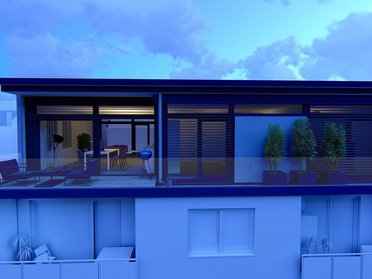 Aufstockung auf HUF Bestandshaus Moderne Architektur mit Balkon und Pflanzen bei Dämmerung