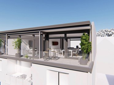 Aufstockung eines HUF Bestandshauses Moderne Architektur mit Terrasse und Pflanzen im Hintergrund