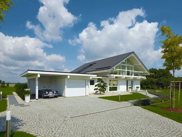 Moderne Architektur eines HUF HAUS ART 4 mit großzügigem Außenbereich