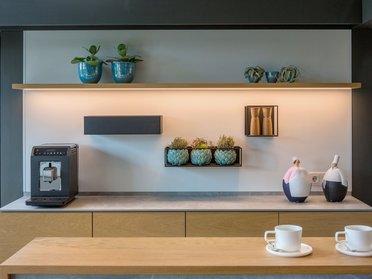 Küche mit Kaffeemaschine, Pflanzen und dekorativen Objekten