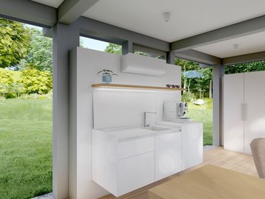 Moderne Küche mit Blick ins Grüne Helle Küche mit minimalistischer Ausstattung und Gartenblick