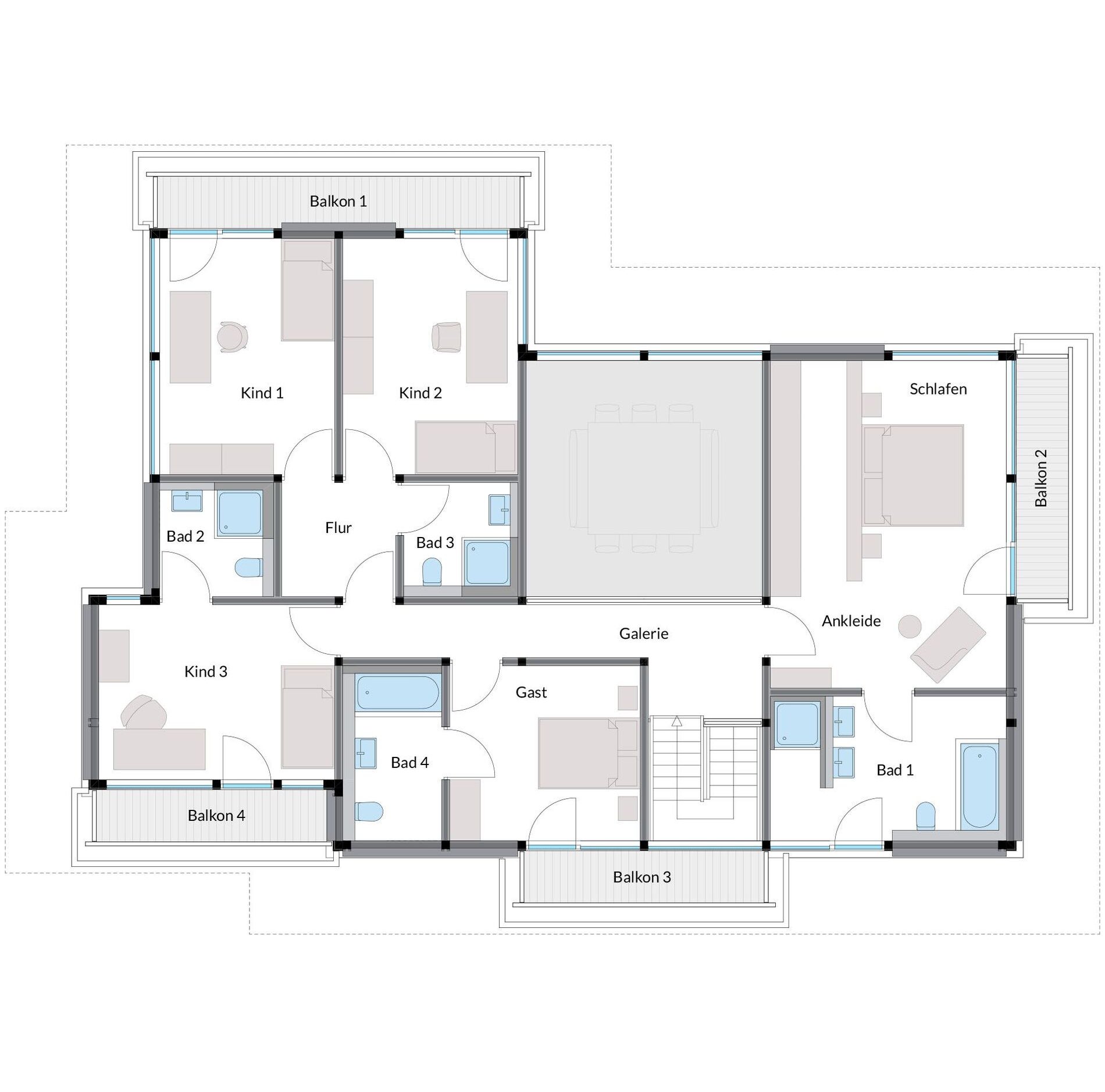 Grundriss eines modernen Luxushauses mit Raumaufteilung und Balkonen