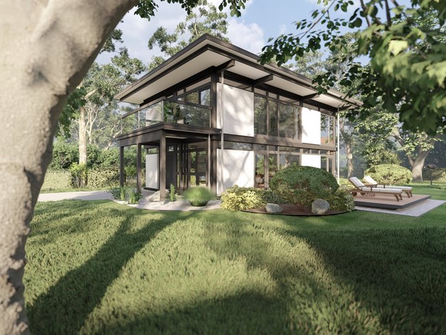 Moderne Architektur eines Mehrfamilienhauses in einer Gartenlandschaft