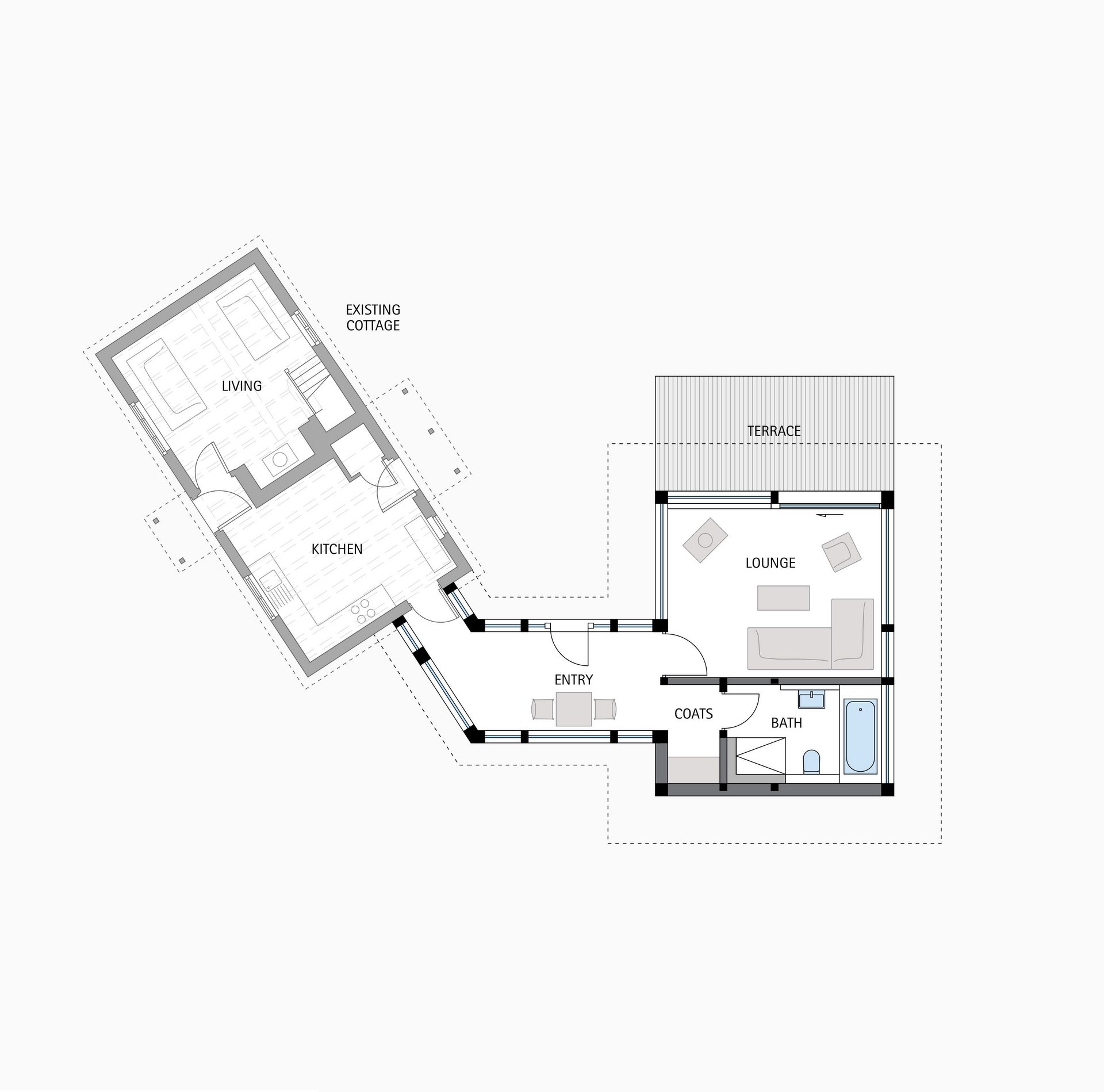 HUF Anbau an Bungalow mit Transparentem Fachwerk Grundriss des Anbaus mit Lounge, Terrasse und vorhandener Küche
