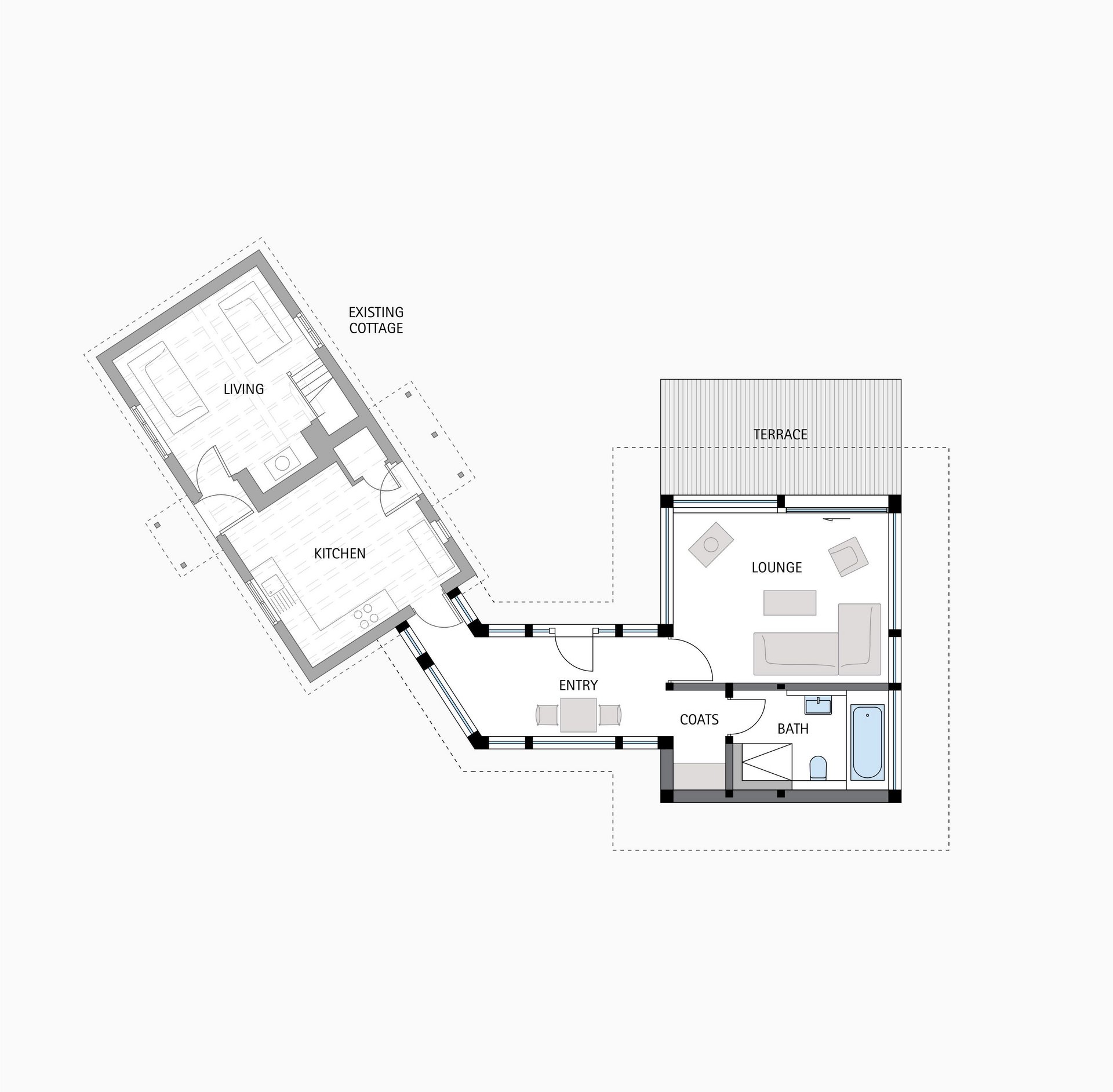Grundriss des Anbaus mit Lounge, Terrasse und vorhandener Küche