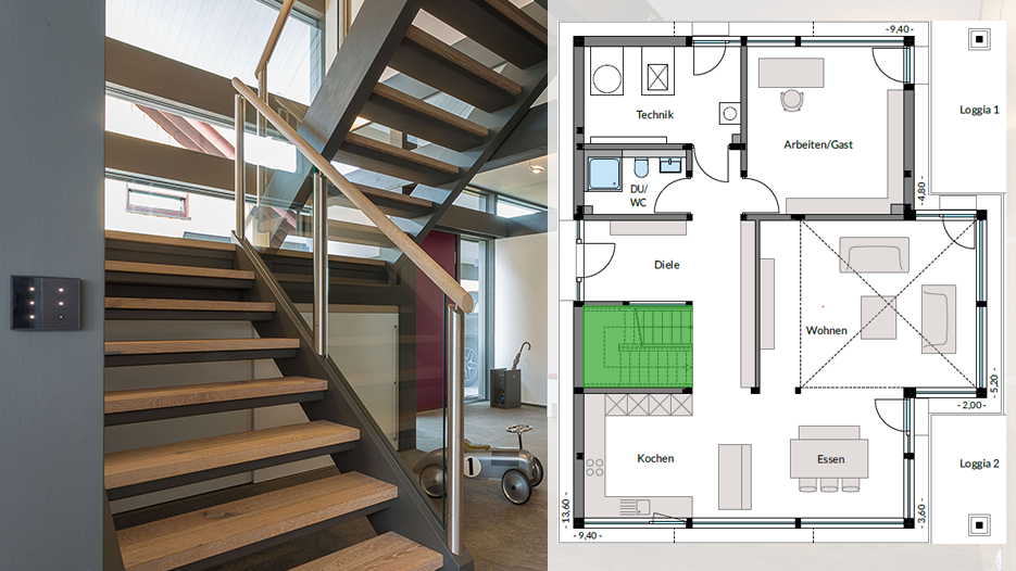 Moderne Treppe und Grundriss eines Hauses Ansicht einer Treppe mit zugehörigem Grundriss des Hauses