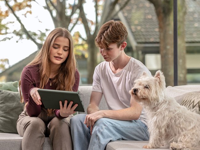 Junge und Mädchen mit Hund beim Tablet-Nutzung Zwei Jugendliche sitzen auf einem Sofa und schauen gemeinsam auf ein Tablet