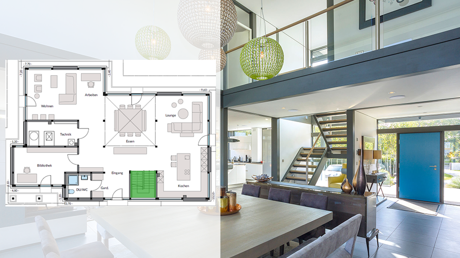 Modernes Wohnhaus mit Grundriss und Innenansicht Innenansicht eines modernen Hauses mit Grundrisslayout