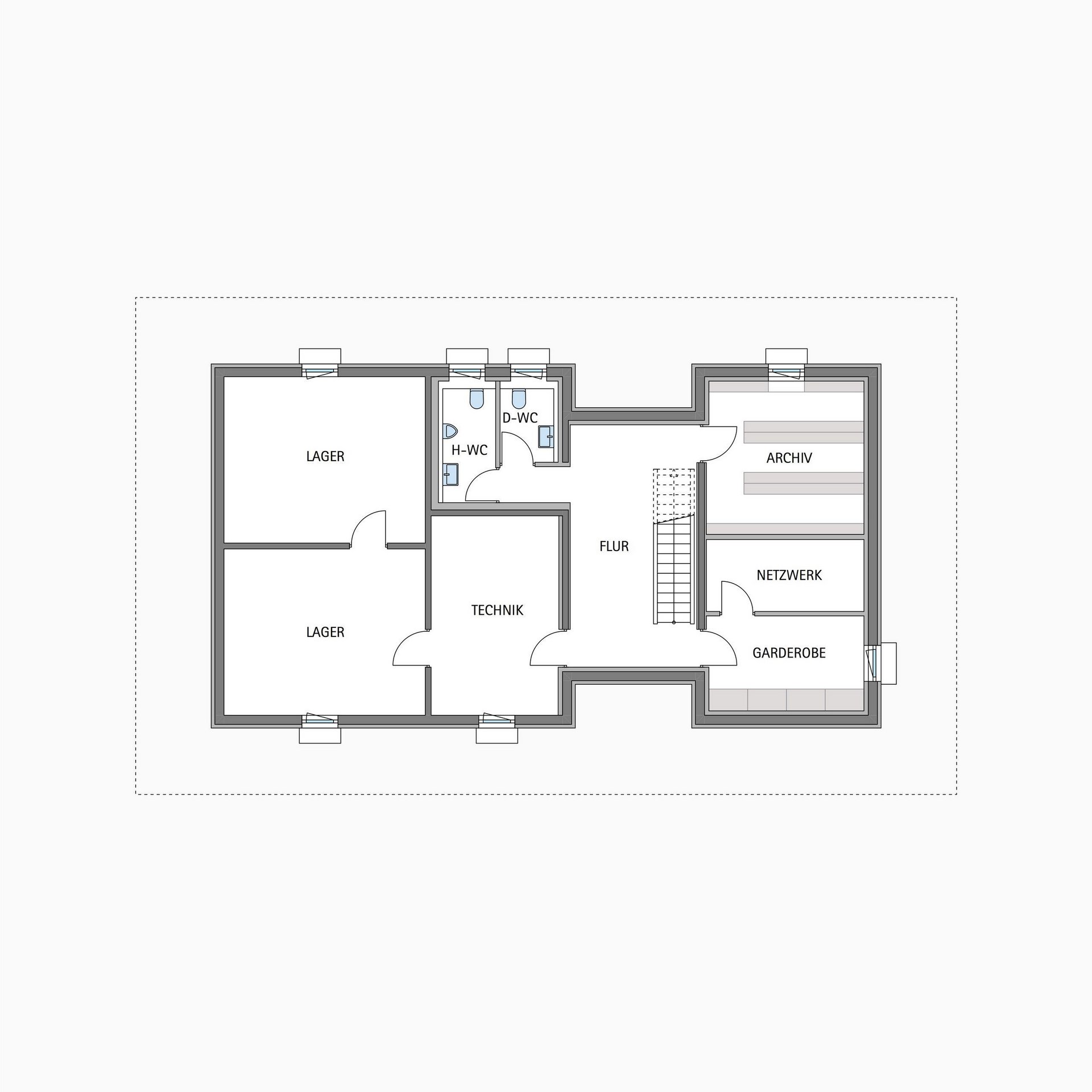 Schematische Darstellung eines Grundrisses mit verschiedenen Räumen und einem Treppenhaus 