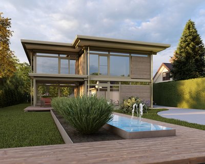 Traumhaus mit Wasseranlage und grüner Umgebung