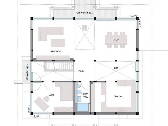 Architekturplan mit Wohn-, Ess- und Küchenbereich in einem HUF Haus