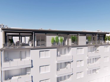 Aufstockung eines Bestandsgebäudes in HUF Modernes Design einer Aufstockung mit Balkon und Pflanzen