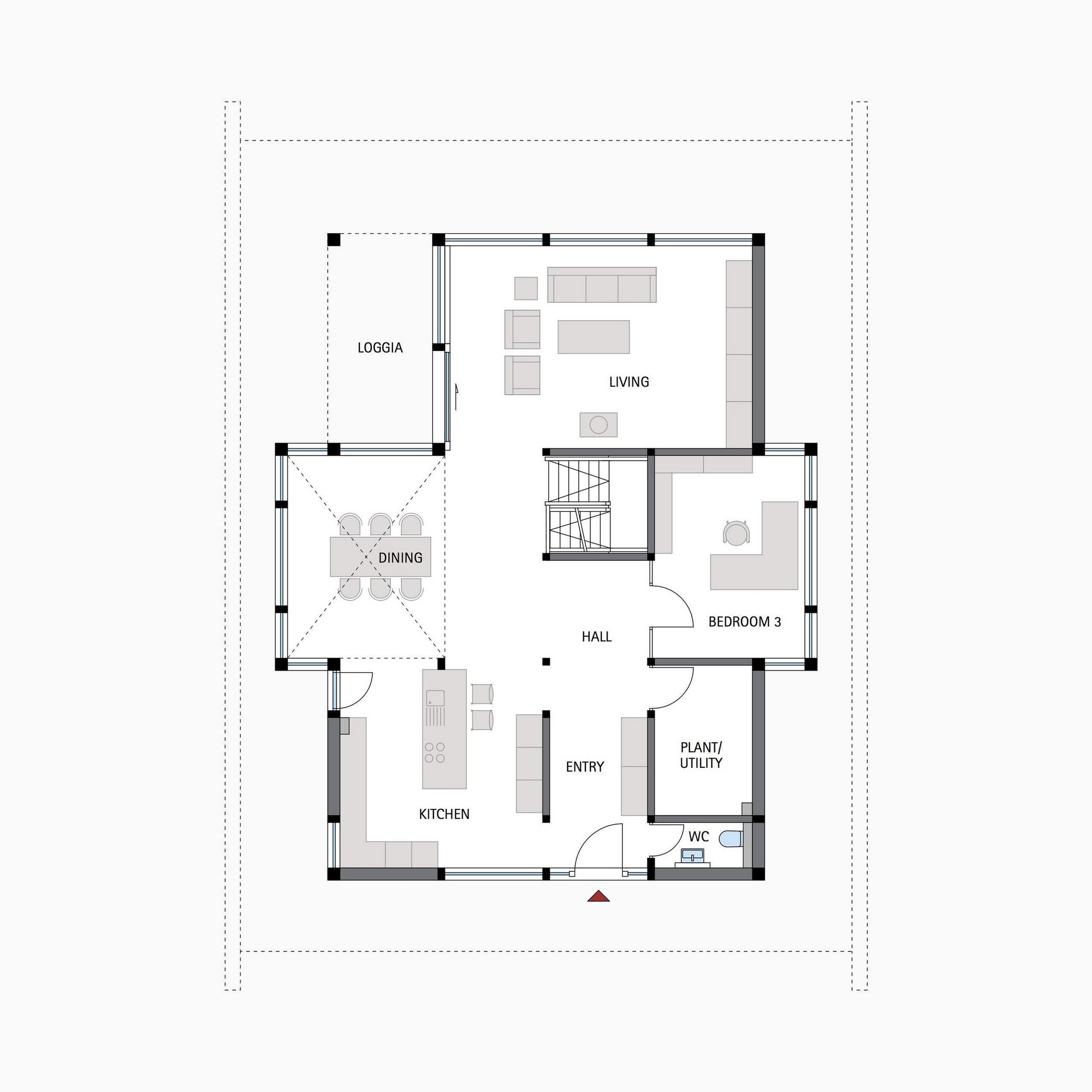 Hausgrundriss mit Wohn- und Essbereich Detaillierter Grundriss eines Hauses mit Zimmeranordnung