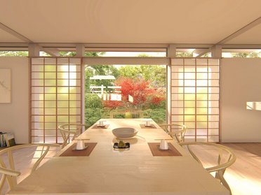 Atriumhaus mit Fachwerk und moderner Inneneinrichtung Helles Esszimmer mit Blick in den Garten, Fachwerkdesign