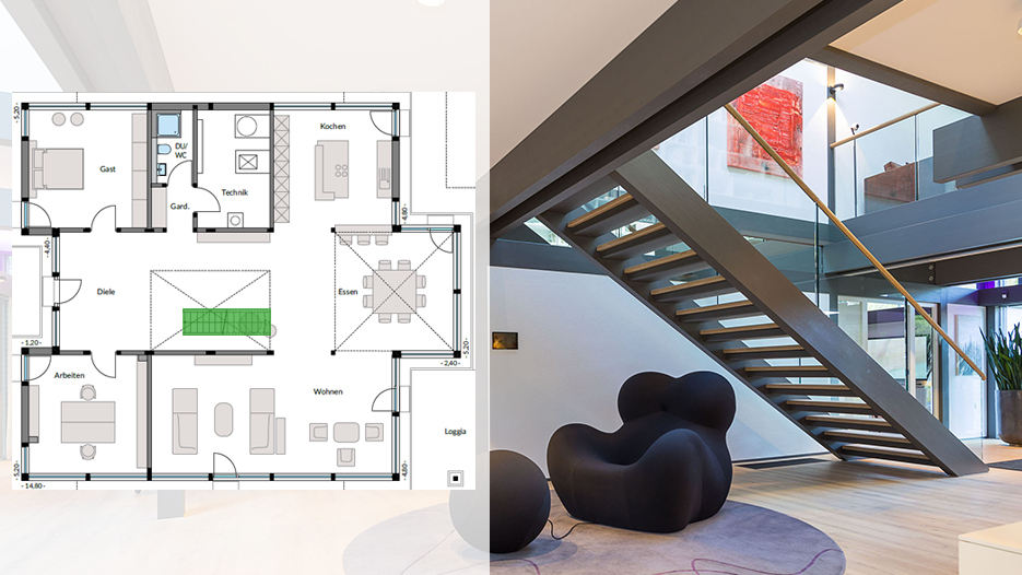 Moderne Innenarchitektur und Grundrissdesign Ein moderner Wohnraum mit Treppe und Grundrissansicht