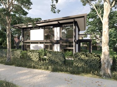 Architektonische Darstellung eines HUF Mehrfamilienhauses in der Natur