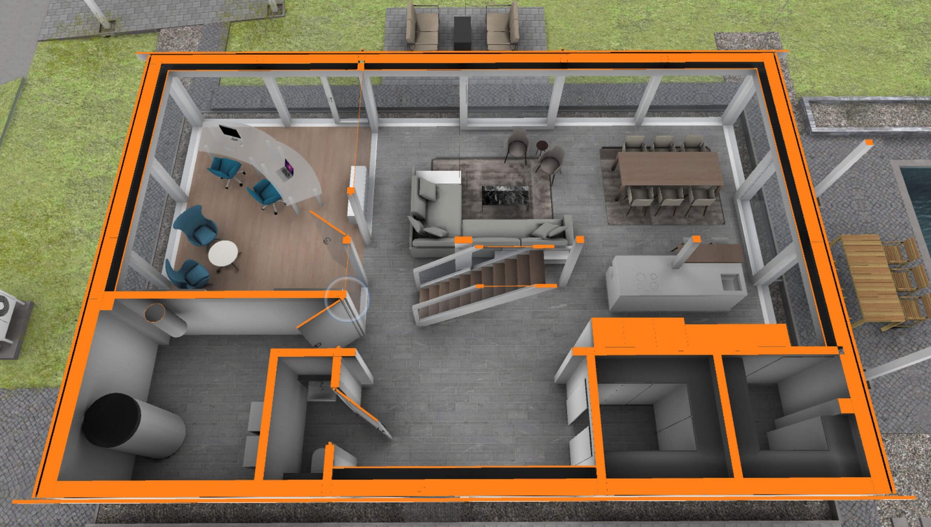Grundriss eines modernen Hauses mit offenen Räumen Architekturdesign eines Hauses mit Wohnzimmer, Küche und Essbereich
