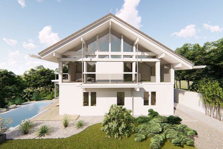 Exterior view of a contemporary home surrounded by greenery