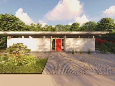 Atriumhaus mit Fachwerk von HUF Modernes Atriumhaus mit Fachwerk und roter Eingangstür