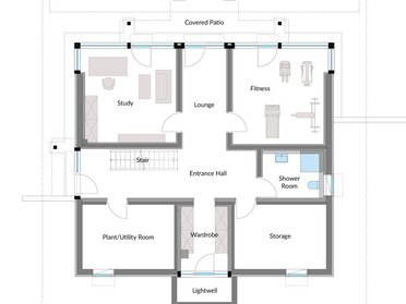 Architektonischer Grundriss eines HUF Hauses mit verschiedenen Räumen.