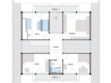 Grundriss eines modernen HUF Hauses mit Raumaufteilung und Balkonen