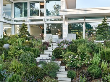 Moderne weiße Villa mit Flachdach und Garten Architektenhaus mit großzügigem Garten und lebendiger Pflanzenvielfalt