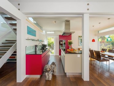 Moderne Küche in einem eleganten Haus mit Flachdach Ein Innenraum mit offener Küche und einem Hund, moderne Architektur
