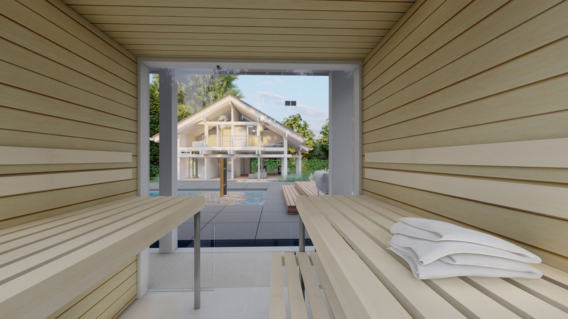 Sauna with view of modern house and pool Interior of a sauna with wooden benches and a view outside