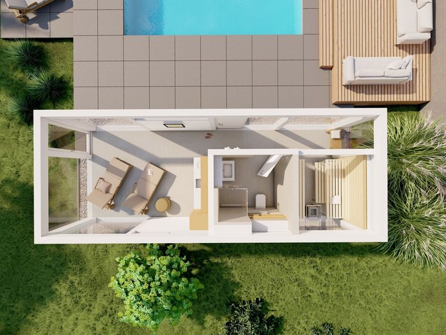 Top-Ansicht eines modernen Wohnraums mit Pool Moderne Architektur mit Wohnraum und Schwimmbad im Freien