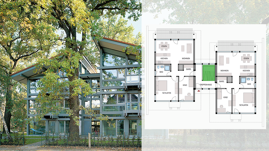 Moderne Wohnhausansicht mit Grundriss Wohnhaus mit großflächiger Verglasung und angrenzendem Grundrissplan