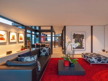 Helles Wohnzimmer mit Kunstwerken, Pflanzen und rotem Teppich